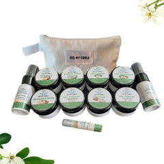 curly hair care pack with cosmetic bag