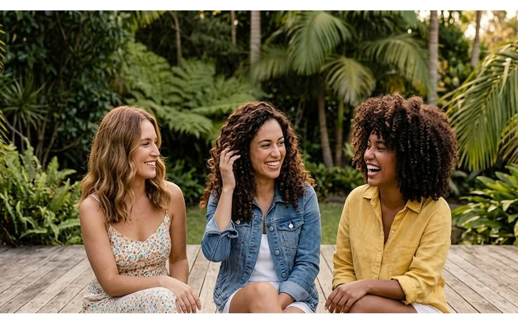 Three smiling women displaying healthy wavy, curly, and coily hair types outdoors in a tropical Australian setting.