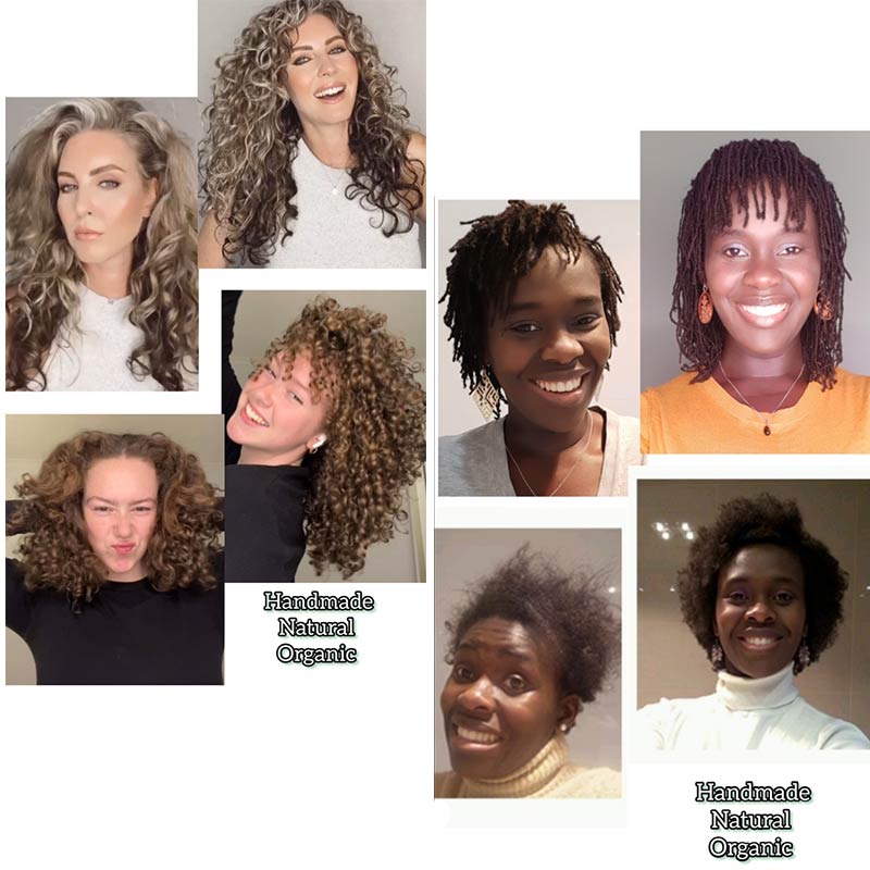 Before and after transformations using See My Curls products on diverse hair types from wavy and curly and coily to sister locs.