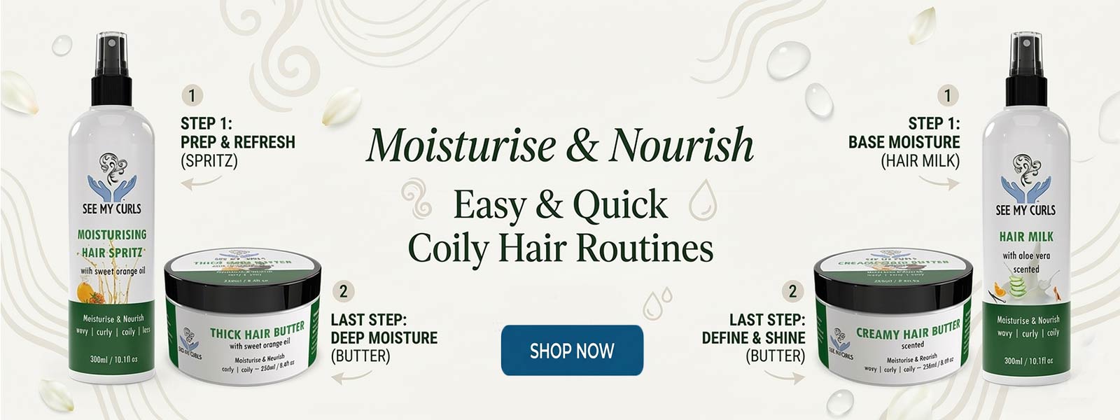 Hair care products for coily hair with step-by-step instructions and branding.