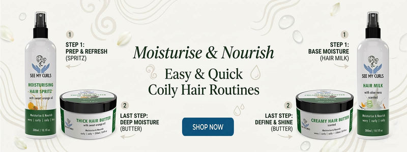 Hair care products for coily hair with step-by-step instructions and branding.