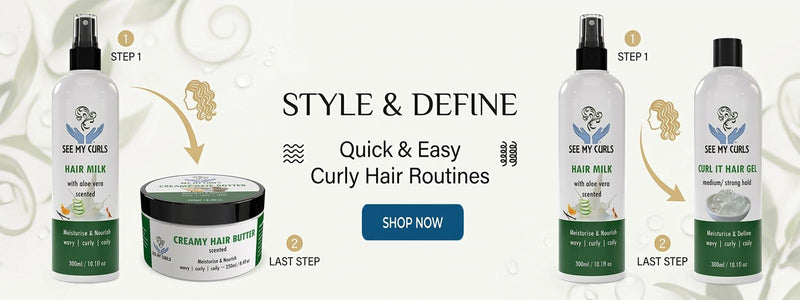 Hair care products with step-by-step instructions on a white background