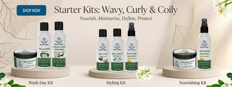 Hair care products for wavy, curly, and coily hair with branding and product names.