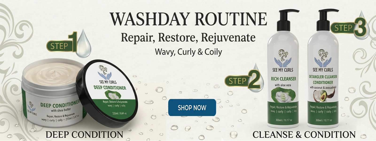 Washday routine product for wavy and curly and coily hair set with bottles and containers on a light background