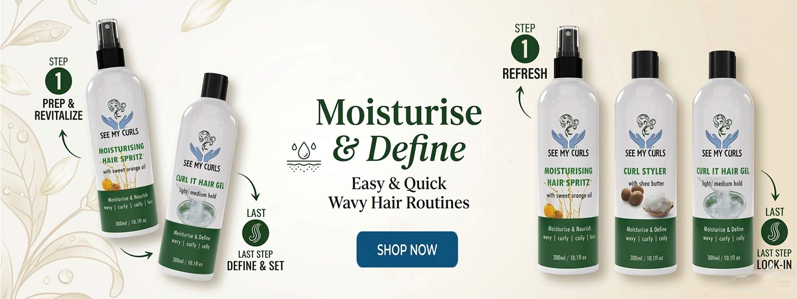 Hair care product set for wavy routine with branding and text on a white background