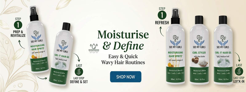 Hair care product set for wavy routine with branding and text on a white background