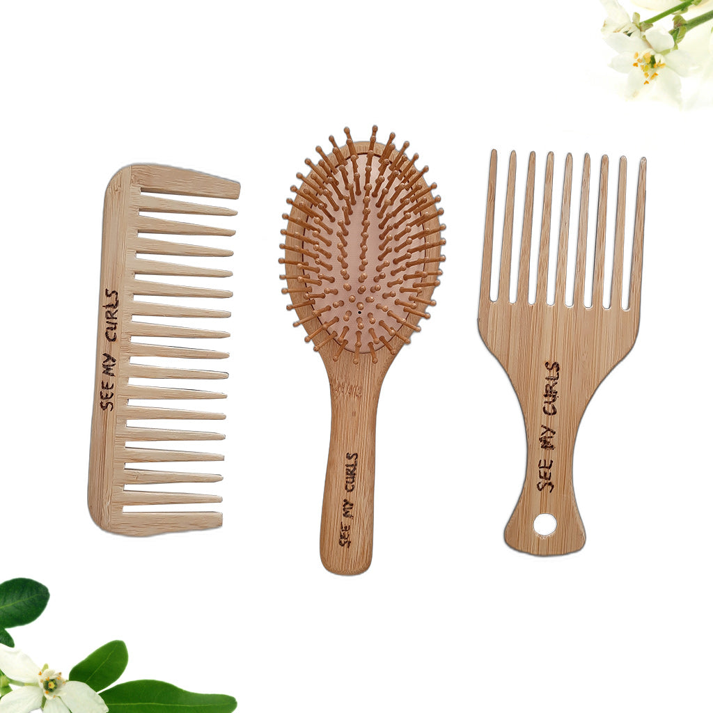 3 pcs bamboo hair brush & comb set 