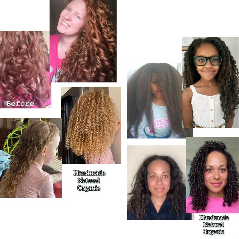 Before and after transformations using See My Curls products on diverse hair types from wavy 2A to coily 4C.