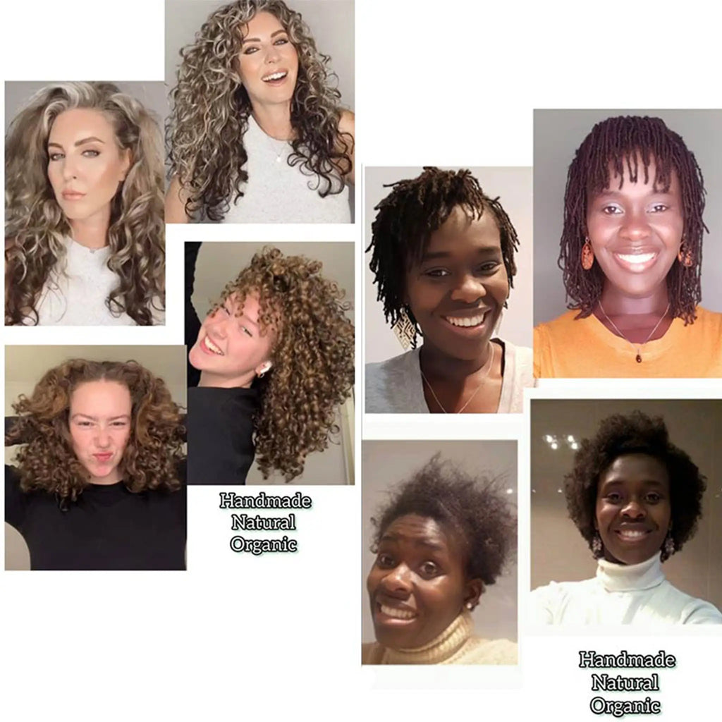 A gallery of smiling customers with various hair textures, including wavy, curly, and coily textures, celebrating healthy hair days using See My Curls handmade treatments.