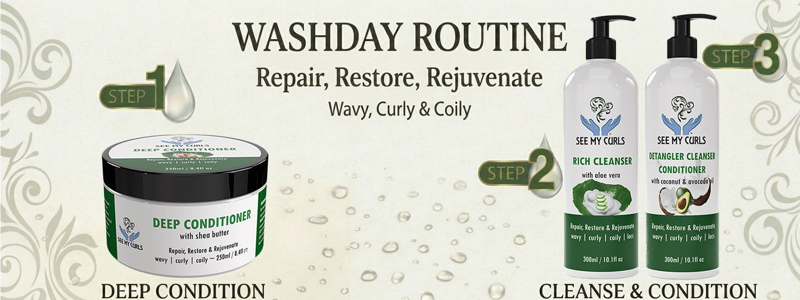 Wash day routine for repairing and rejuvenating curly hair with 3-step kit.