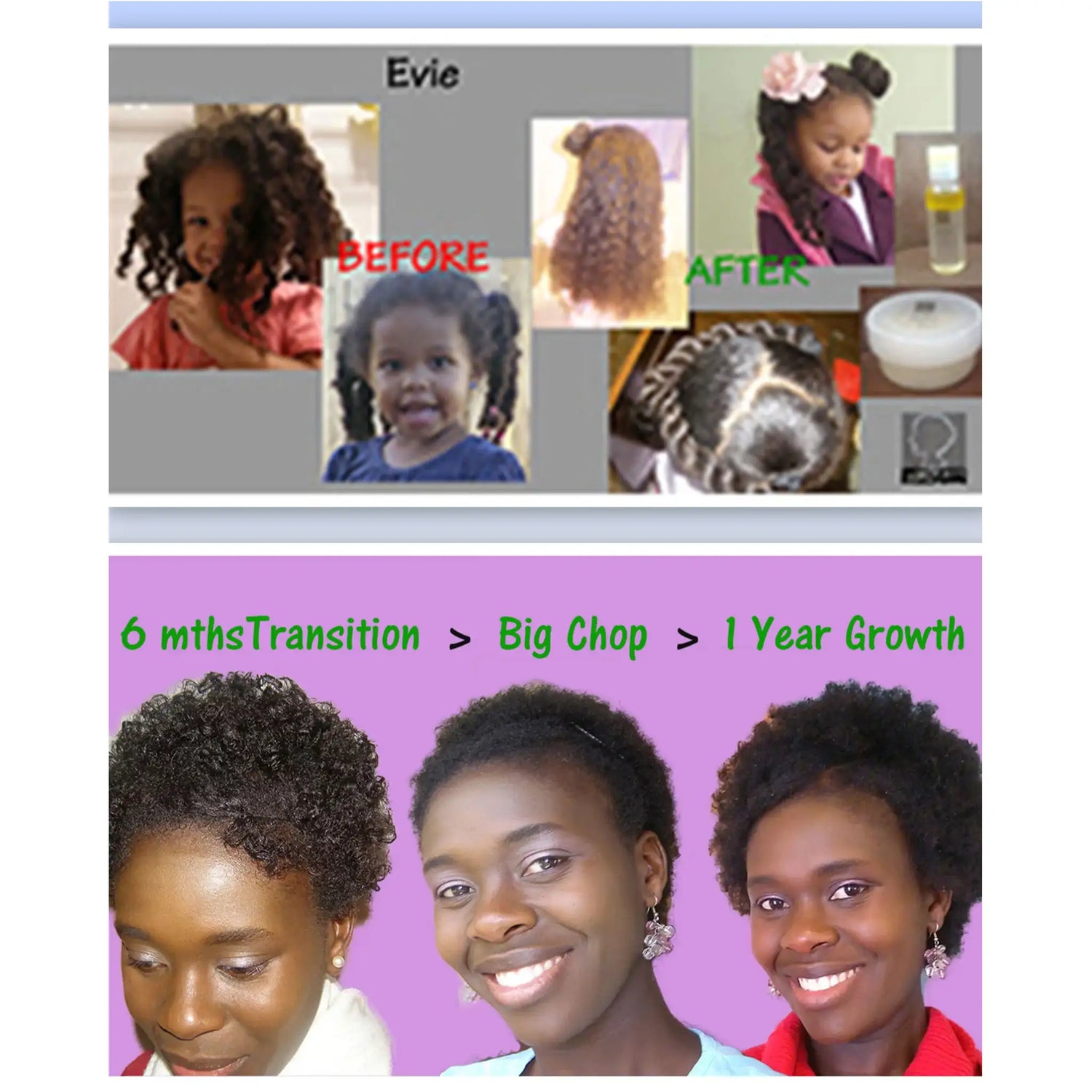 Two natural hair growth collages. The top row shows children's hair results for 'Evie' before and after, labeled with 'BEFORE' and 'AFTER.' The bottom row, labeled '6 mths Transition > Big Chop > 1 Year Growth,' tracks the natural hair evolution of See My Curls founder Ruth Wallis.
