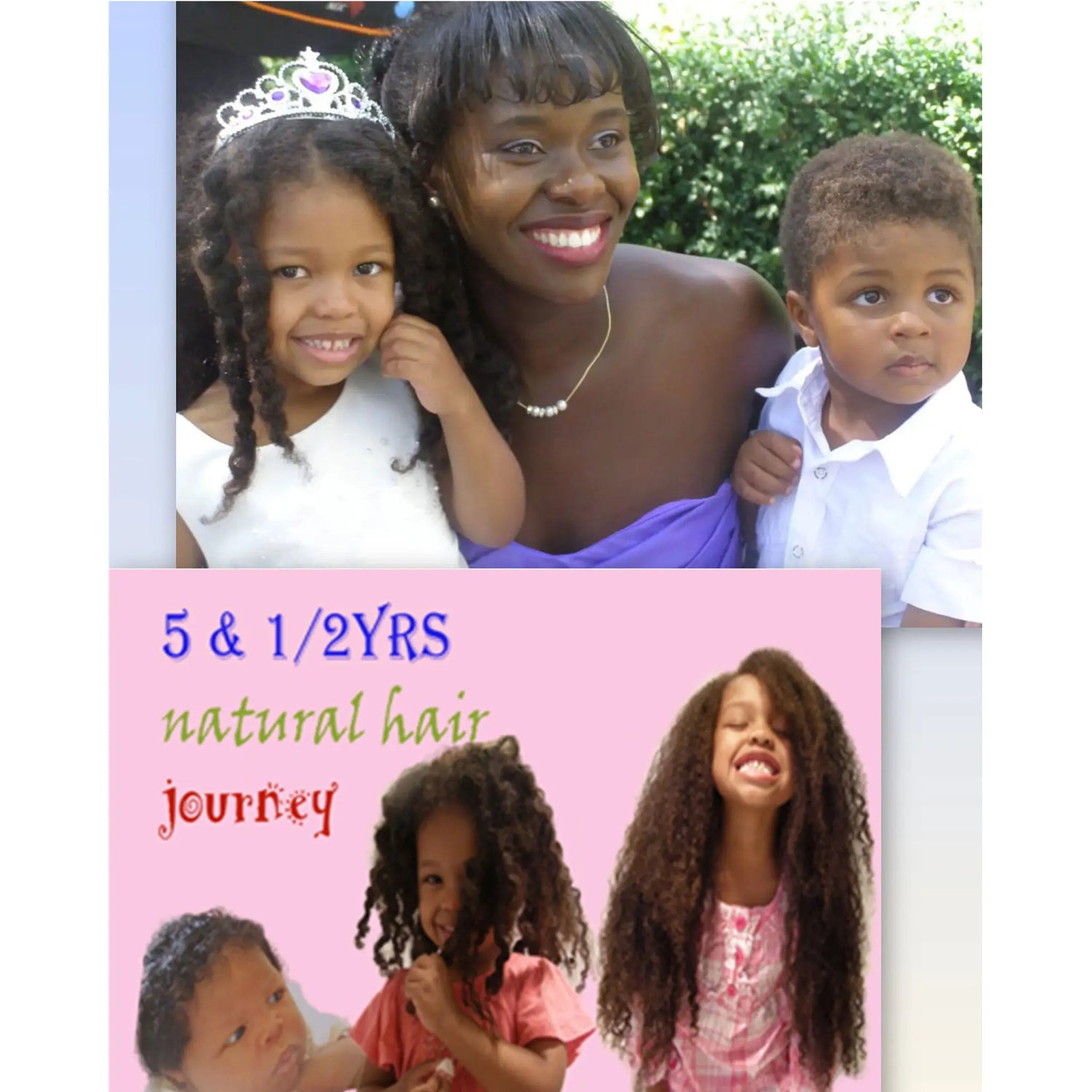 A two-part family hair journey collage. The top photo shows founder Ruth Wallis with relaxed hair alongside her children Evie and Ben. The bottom graphic, titled "5 & 1/2 Yrs Natural Hair Journey," showcases Evie's incredible long-term hair growth and length achieved with See My Curls products.