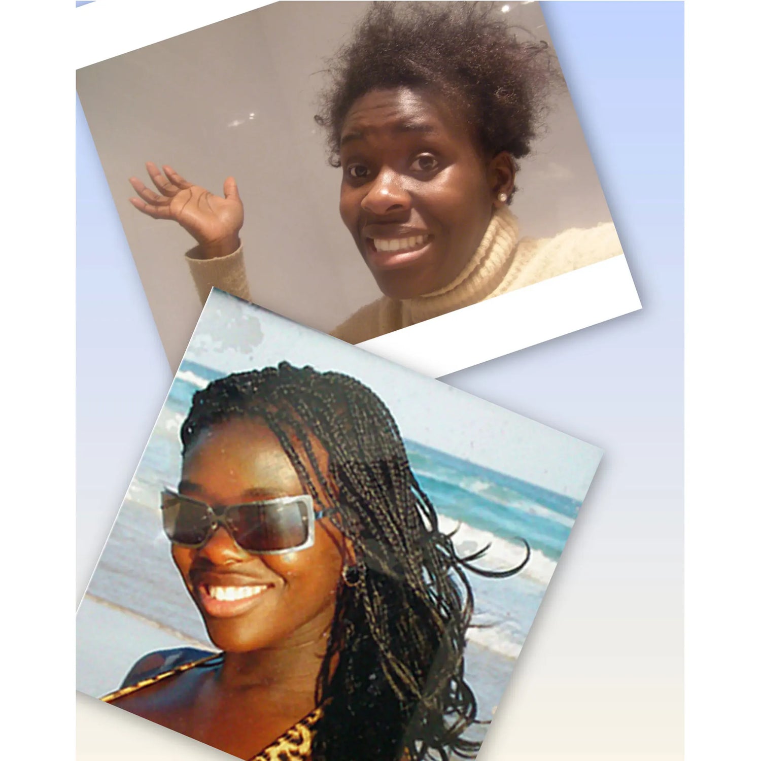 A collage featuring founder Ruth Wallis: the top photo shows hair damage caused by chemical relaxers, while the bottom photo shows a protective DIY braided hairstyle during her transition to natural hair.