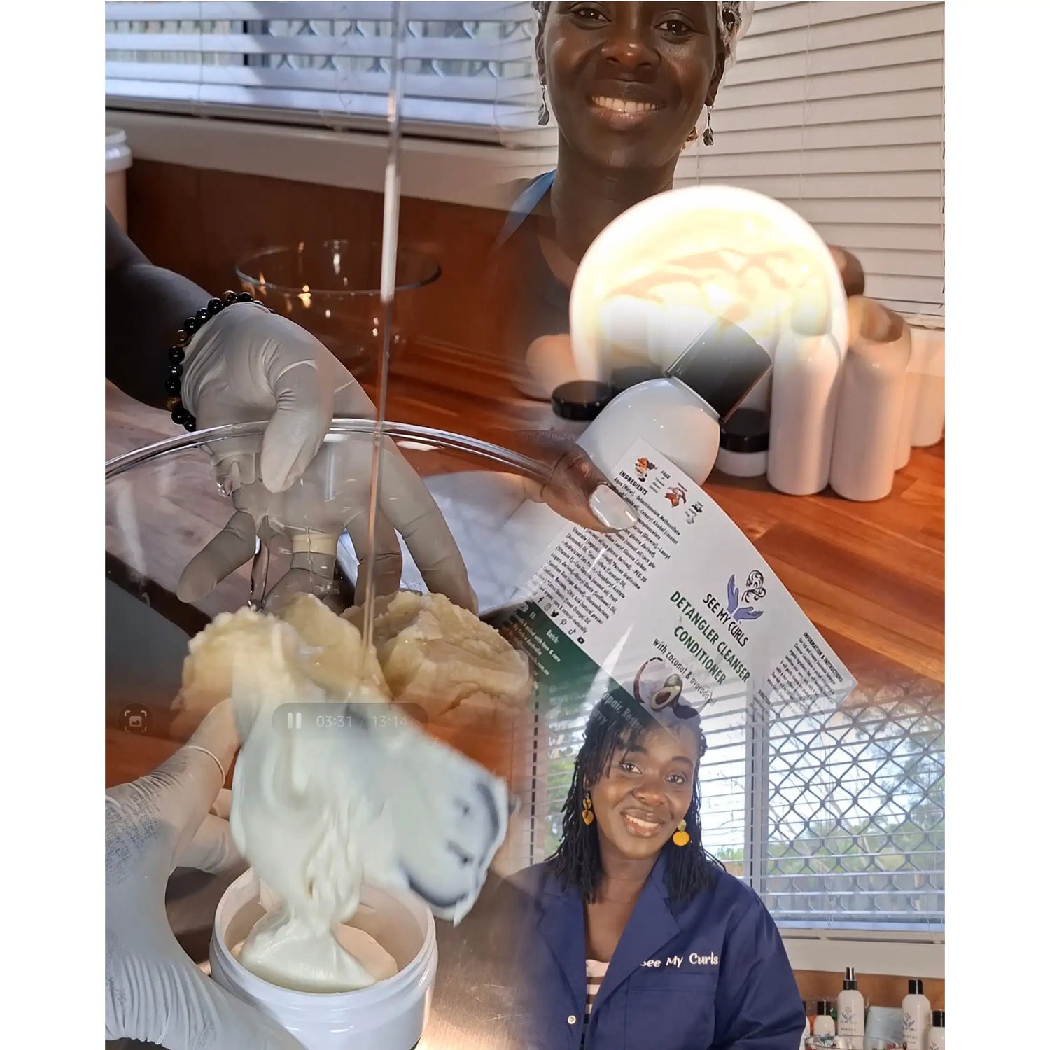 A collage showing the handmade creation of See My Curls products, featuring the founder mixing natural ingredients in a glass bowl and holding a fresh ingredient, highlighting the artisanal craft behind the brand.