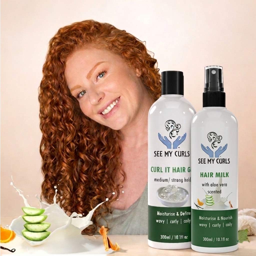 See My Curls natural curly hair products for frizz control featuring Hair Milk and Curl It Gel for 3A to 3C curl types