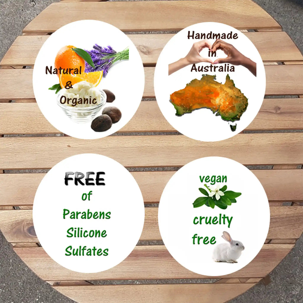 Graphic featuring brand value icons: Natural and Organic, Handmade in Australia, Sulfate-Free, and Vegan Cruelty-Free.