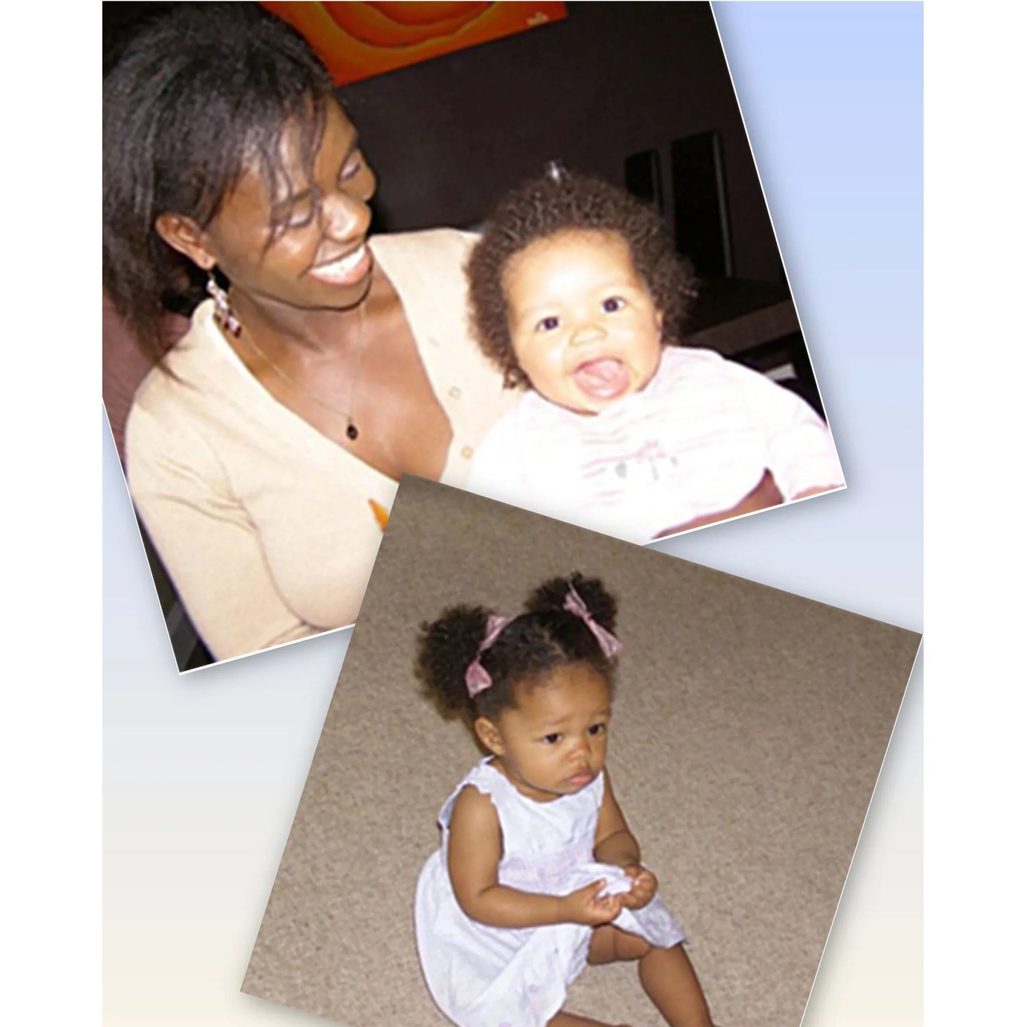 A "before" collage featuring brand founder Ruth Wallis with relaxed hair holding baby Evie (Collage 1), and toddler Evie during her early hair growth journey with small puffs (Collage 2). Both images showcase the starting point before developing healthy hair solutions.
