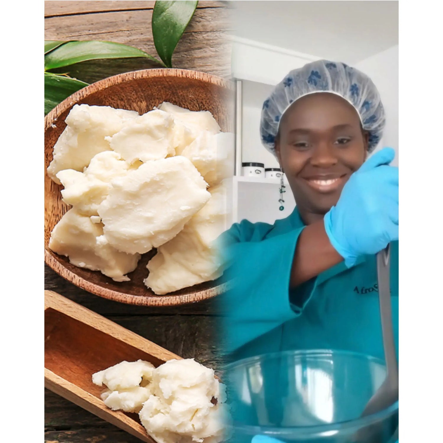 A collage featuring raw organic shea butter in a wooden bowl and the founder of See My Curls in professional lab attire, highlighting the use of natural ingredients in her handmade products.