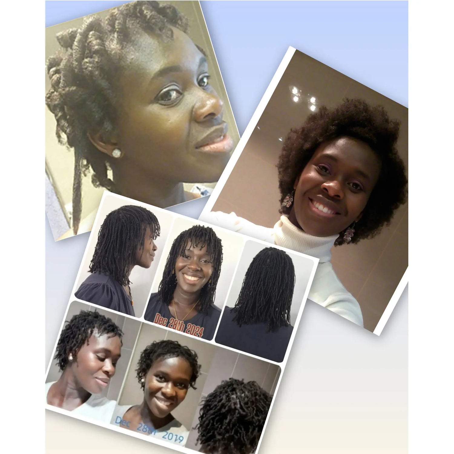 A multi-image collage showcasing founder Ruth Wallis's 13-year natural hair transformation using See My Curls, transitioning from a thick, healthy afro to mature, well-maintained sisterlocks.
