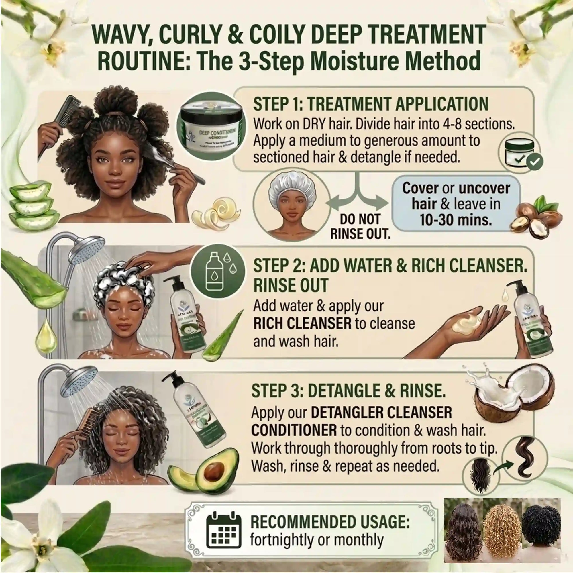 An illustrated guide titled Wavy, Curly and Coily Deep Treatment Routine. Step 1: Apply Deep Conditioner to dry, sectioned hair and leave for 10 to 30 minutes. Step 2: Apply Rich Cleanser and rinse. Step 3: Use Detangler Cleanser Conditioner to detangle from roots to tips and rinse. Recommended usage is fortnightly or monthly.