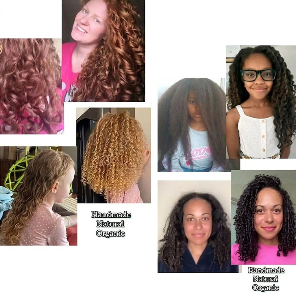 A collage of diverse women and children showcasing their natural curly hair transformations and results after using See My Curls organic handmade hair products.