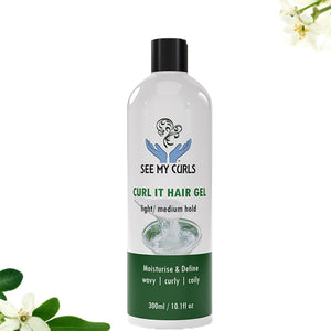 See My Curls Curl It Hair Gel 300 ml bottle with light-medium hold to moisturise and define wavy, curly, and coily hair