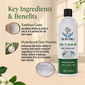 See My Curls Curl It Hair Gel light to medium hold key ingredients graphic highlighting benefits of Xanthan Gum and Hydrolyzed Oats Protein