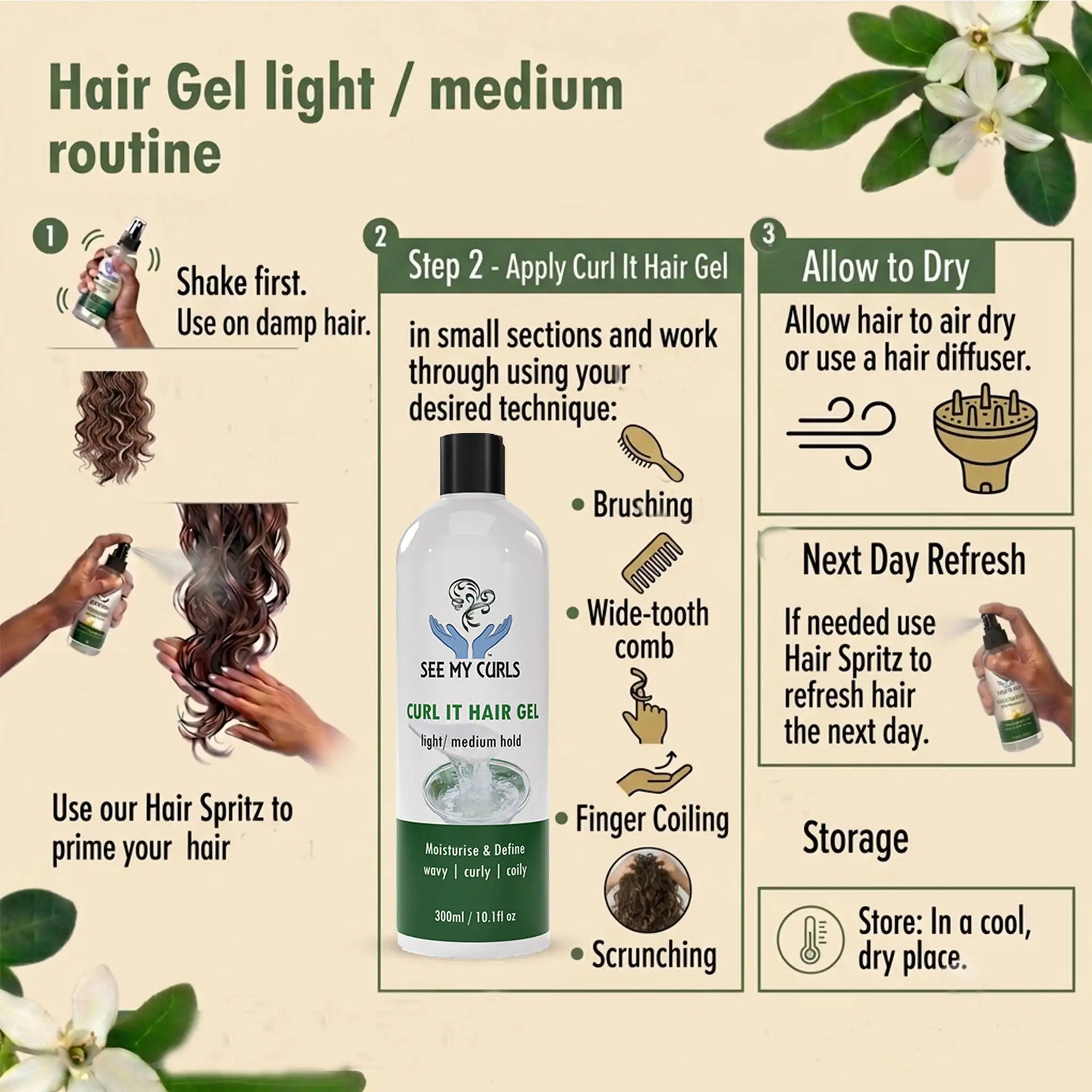 Step-by-step styling routine graphic for See My Curls Hair Gel light to medium hold including application, drying, next day refresh, and storage instructions