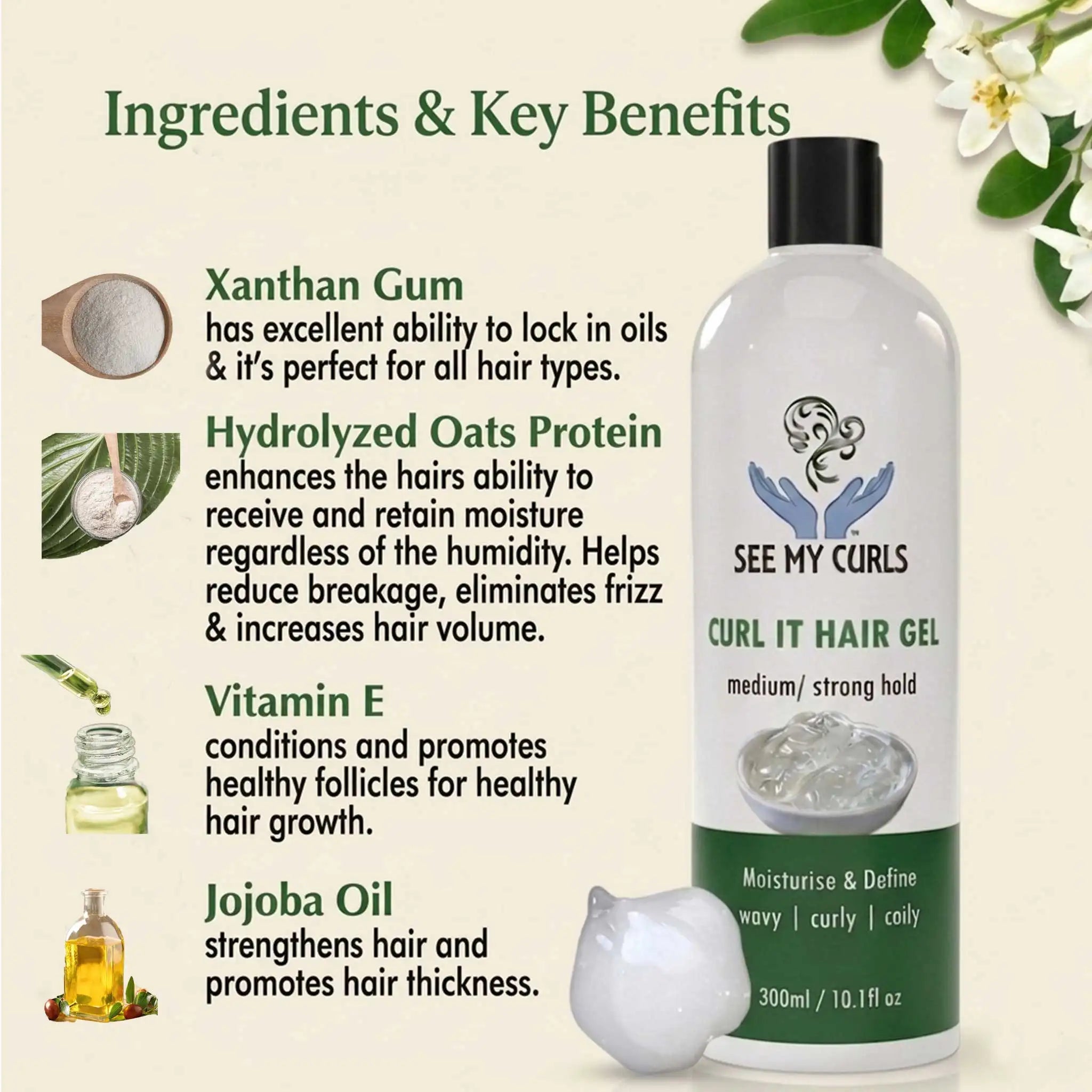See My Curls Curl It Hair Gel graphic showing key ingredients and benefits including Xanthan Gum, Hydrolyzed Oats Protein, Vitamin E, and Jojoba Oil