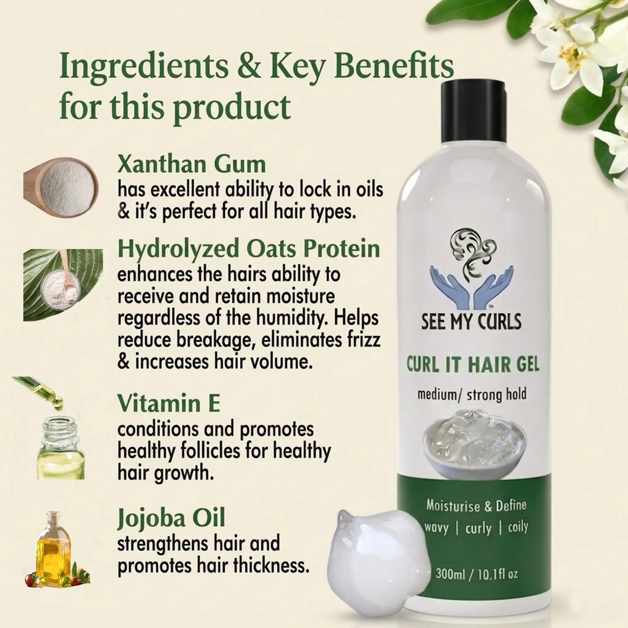 See My Curls Curl It Hair Gel graphic showing key ingredients and benefits including Xanthan Gum, Hydrolyzed Oats Protein, Vitamin E, and Jojoba Oil