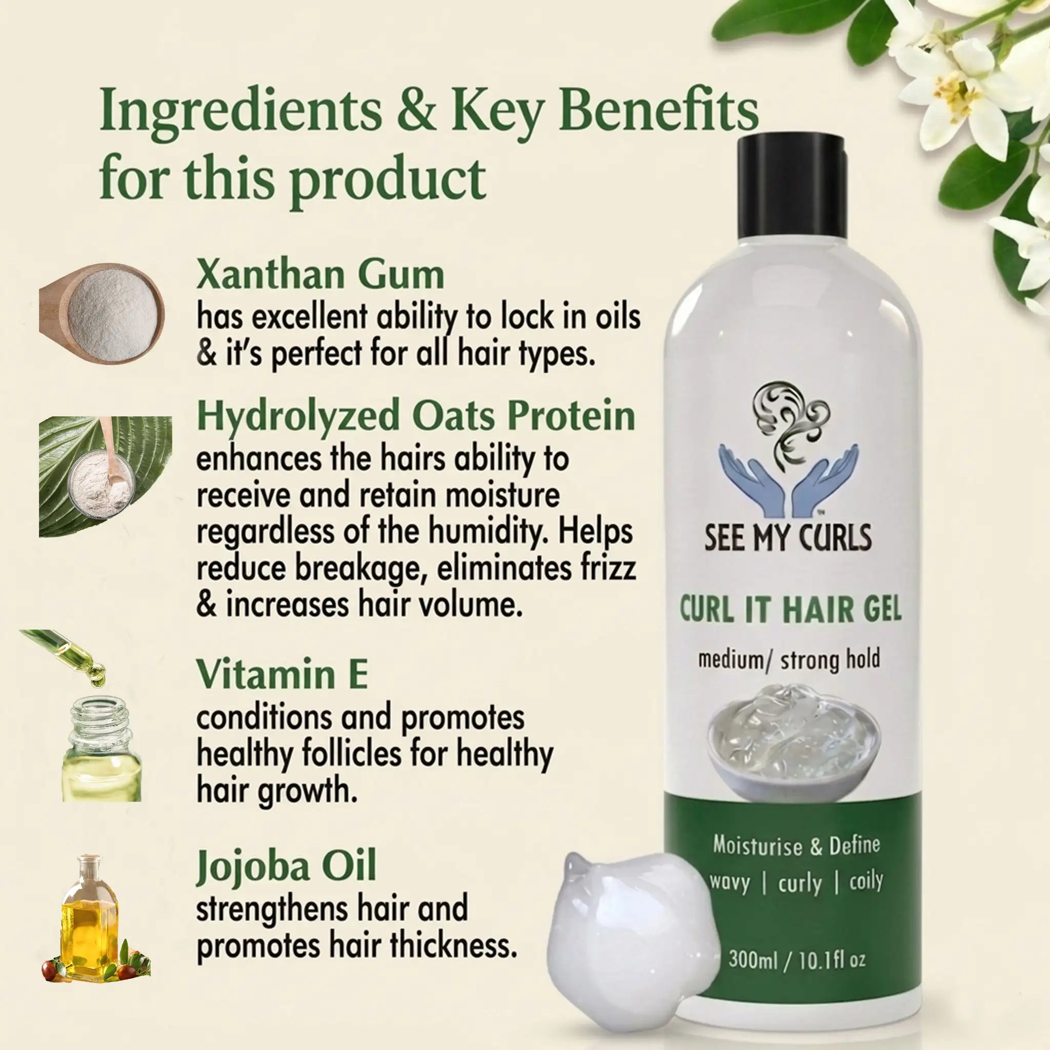 See My Curls Curl It Hair Gel graphic showing key ingredients and benefits including Xanthan Gum, Hydrolyzed Oats Protein, Vitamin E, and Jojoba Oil