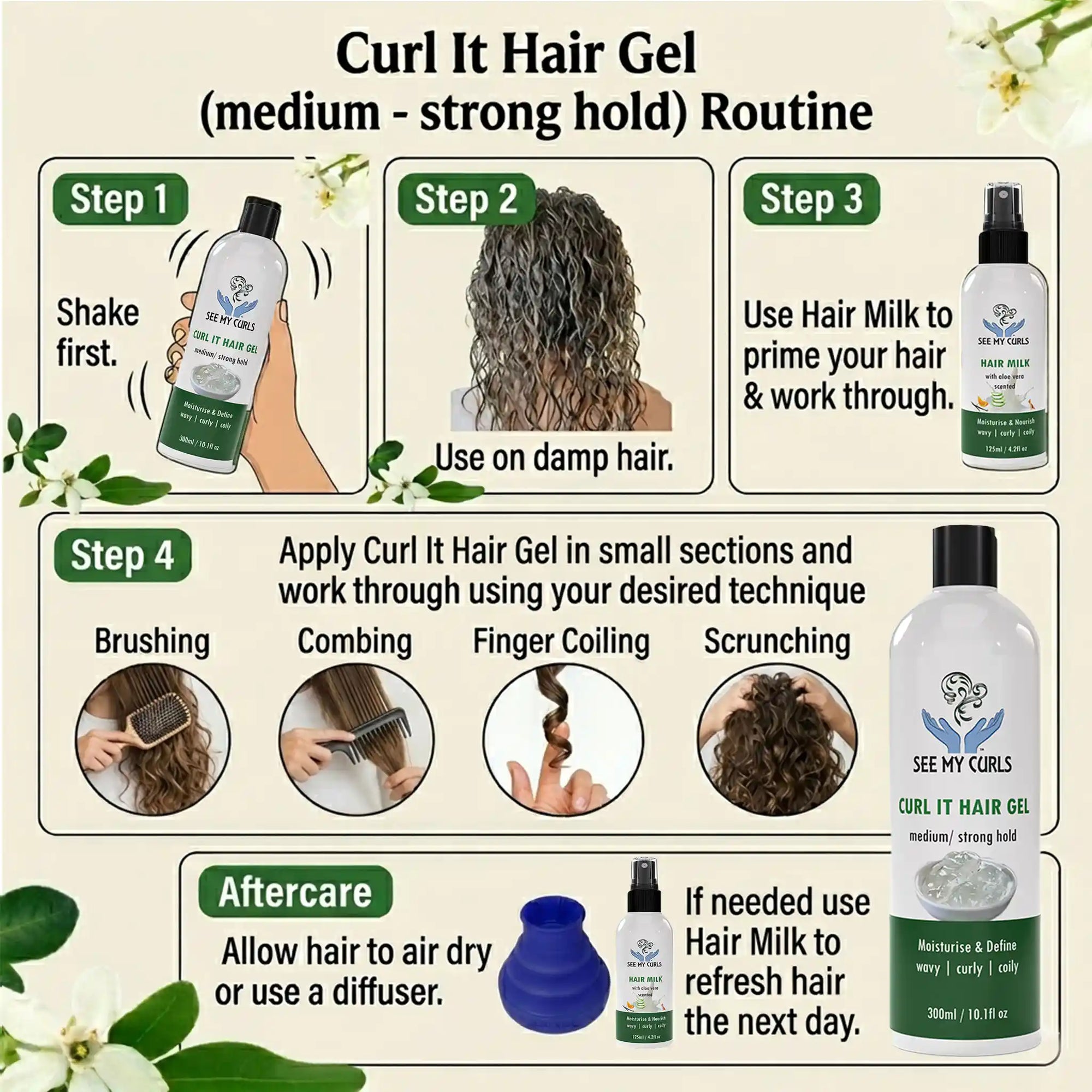 See My Curls Curl It Hair Gel step-by-step application routine guide showing shake, prime, apply, and aftercare instructions