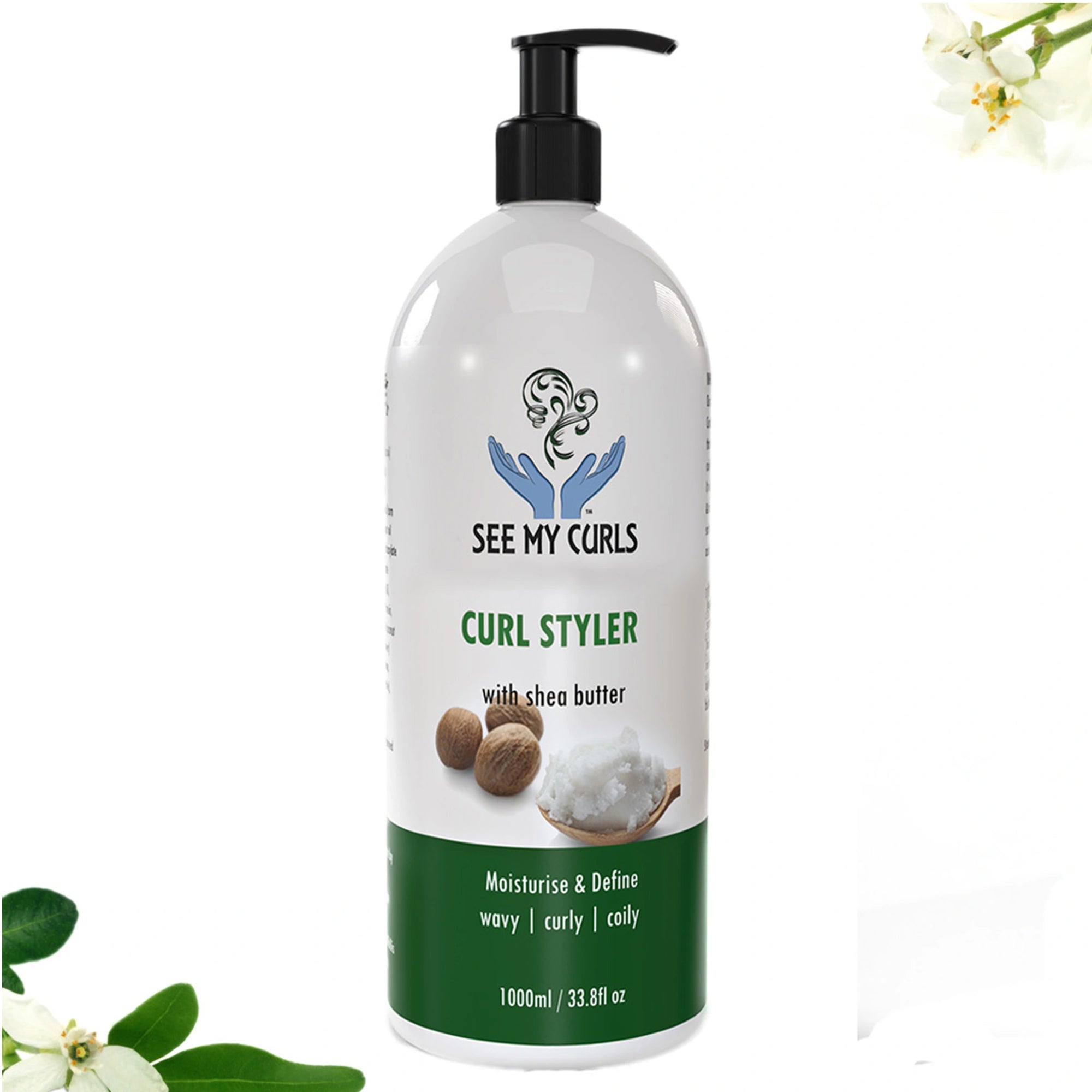 See My Curls Curl Styler 1000ml bulk size pump bottle with moisturising shea butter for wavy, coily and curly hair styling.