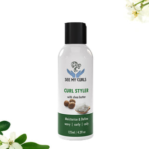 See My Curls Curl Styler 125ml travel size bottle with shea butter for moisturising wavy, curly, and coily hair.