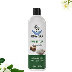  See My Curls Curl Styler 300ml bottle enriched with shea butter to define and hydrate curly, wavy, and coily hair.