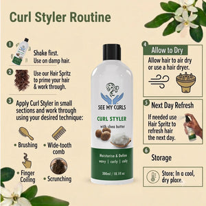 Step-by-step application guide showing how to use See My Curls Curl Styler on damp hair with brushing, wide-tooth comb, finger coiling, or scrunching techniques.