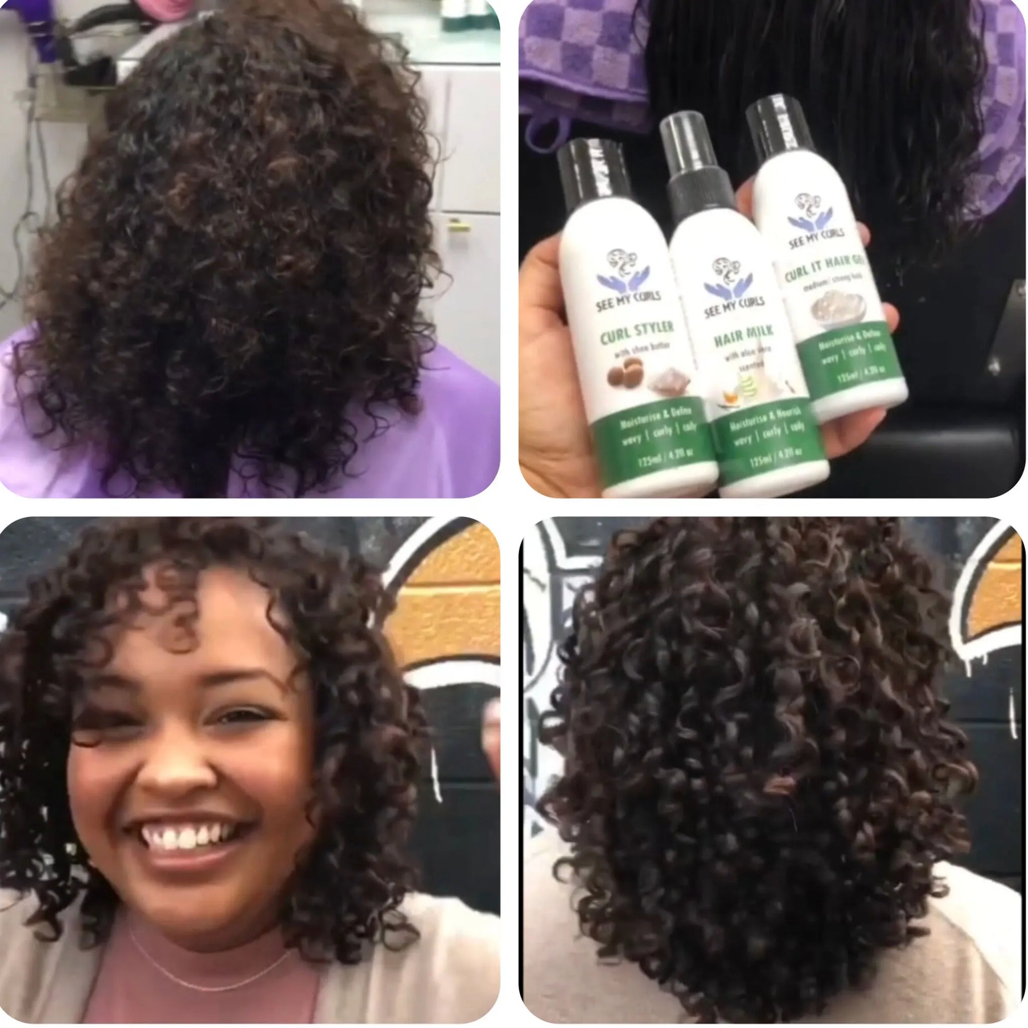 4-panel photo collage displaying defined curly hair results and a hand holding three See My Curls hair care product bottles