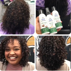 4-panel photo collage displaying defined curly hair results and a hand holding three See My Curls hair care product bottles