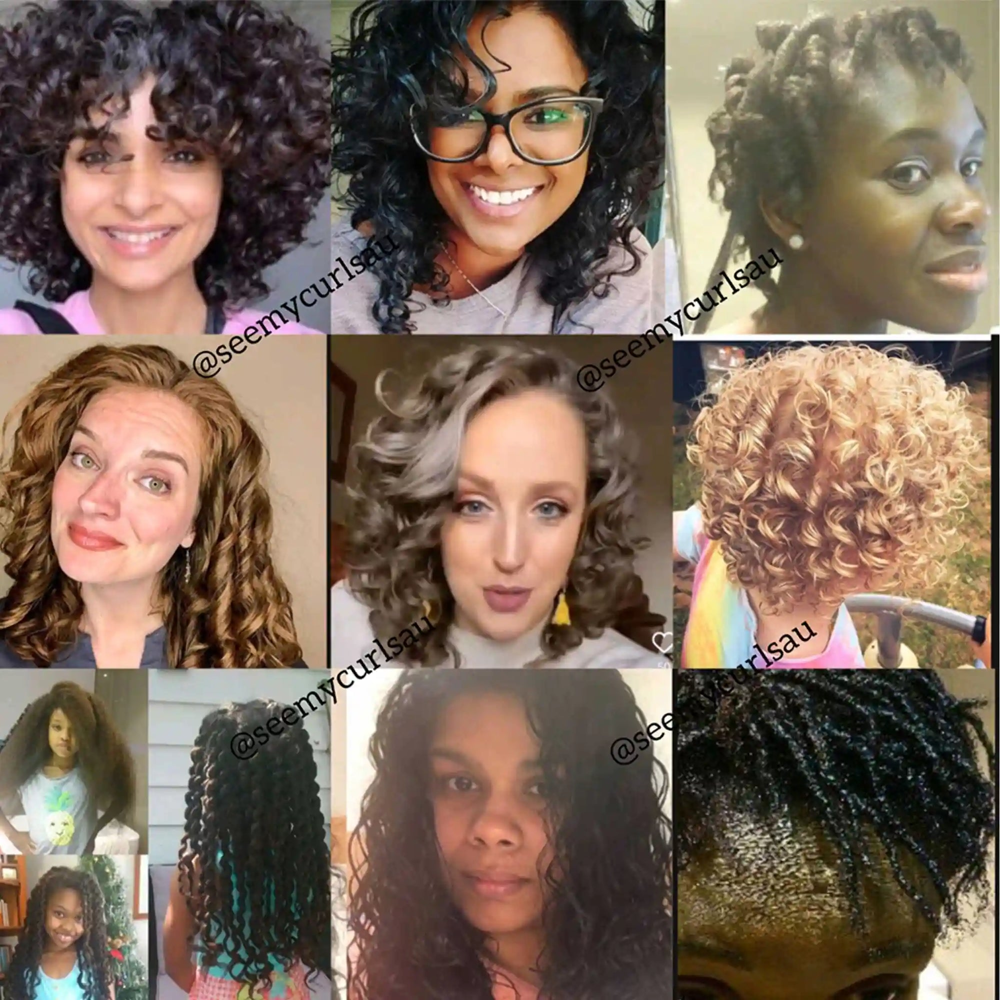 Photo collage featuring diverse customers with various wavy, curly, and coily hair textures using See My Curls products, watermarked with @seemycurlsau