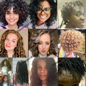 Photo collage featuring diverse customers with various wavy, curly, and coily hair textures using See My Curls products, watermarked with @seemycurlsau