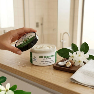 A hand opening a jar of See My Curls Deep Conditioner with shea butter on a wooden bathroom counter, surrounded by shea nuts and white jasmine flowers.