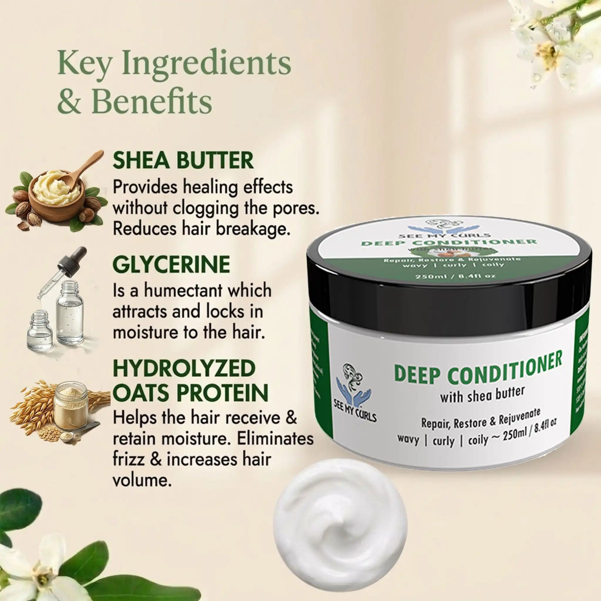 Infographic for See My Curls Deep Conditioner listing key ingredients: Shea Butter for breakage, Glycerine for moisture, and Hydrolyzed Oats Protein for volume and frizz control.