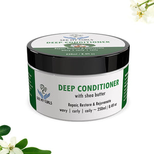 ​A 250ml (8.4 fl oz) jar of See My Curls Deep Conditioner with shea butter. The product packaging features a white label with green text and a black lid, stating it is designed to repair, restore, and rejuvenate wavy, curly, and coily hair types.
