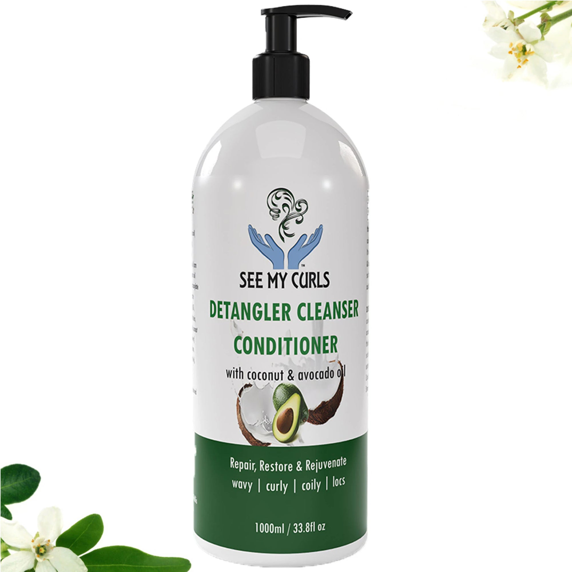 Front view of See My Curls Detangler Cleanser Conditioner 1000ml value size bottle with a black pump. Large size for wavy, curly, coily, and locs hair featuring coconut and avocado oil. Clean white background with flowers.