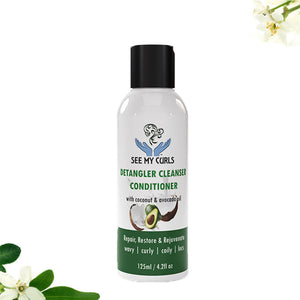 Front view of See My Curls Detangler Cleanser Conditioner in a 125ml travel size bottle. Features coconut and avocado oil for wavy, curly, coily, and locs hair types. Clean white background with floral accents.