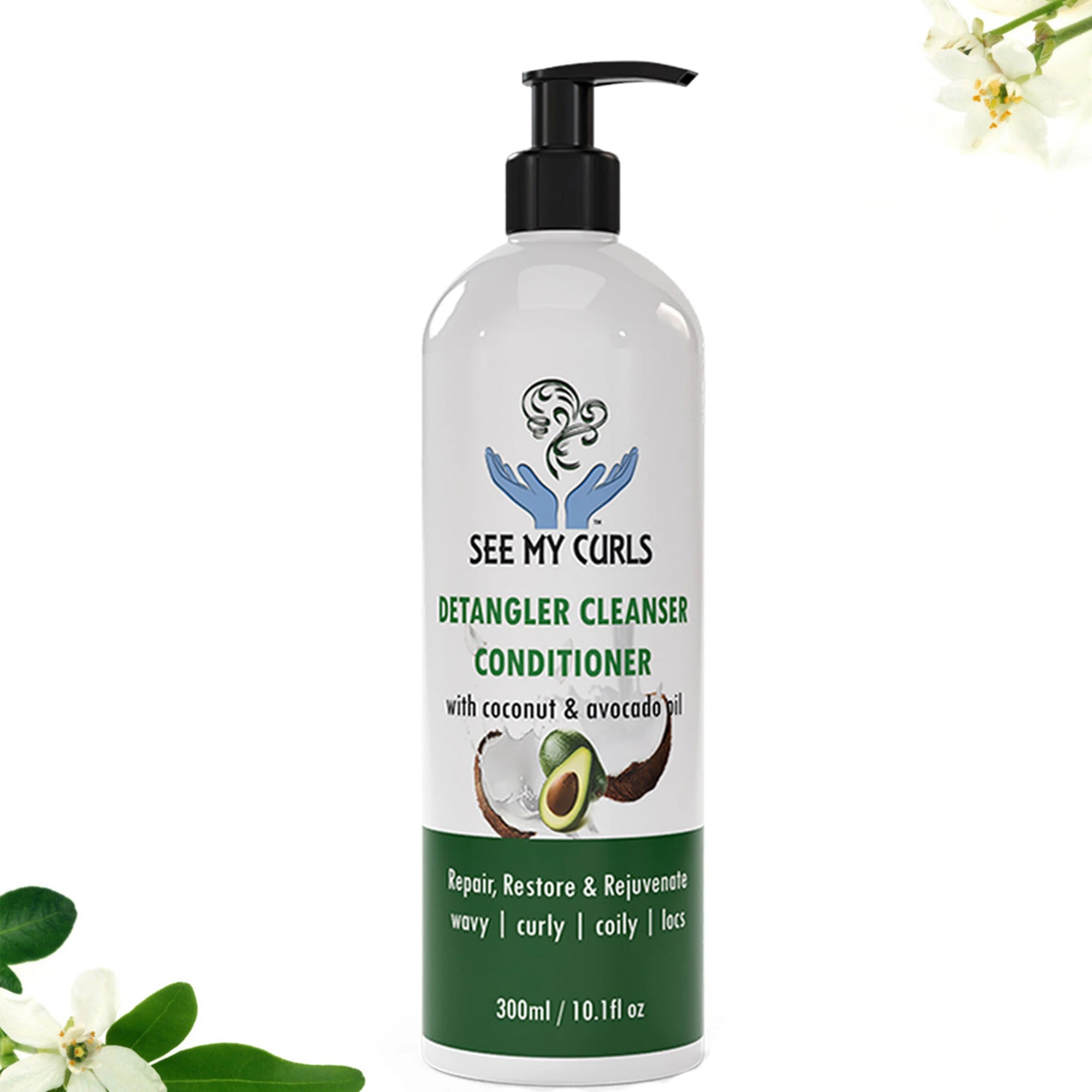 Front view of See My Curls Detangler Cleanser Conditioner in a 300ml pump bottle. Natural hair care for wavy, curly, coily, and locs hair with coconut and avocado oil. White background with green leaves and floral accents.