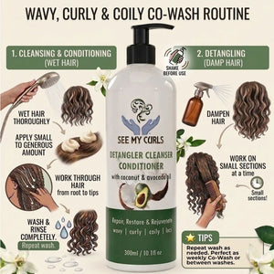 Infographic showing a ‘Wavy, Curly & Coily Co-Wash Routine’ featuring See My Curls Detangler Cleanser Conditioner. The routine is split into two steps: 1. Cleansing & Conditioning on wet hair, including washing and rinsing thoroughly. 2. Detangling on damp hair, showing a spray bottle and a comb being used on curly hair sections. The central hero product is a 300ml white pump bottle with a green label.