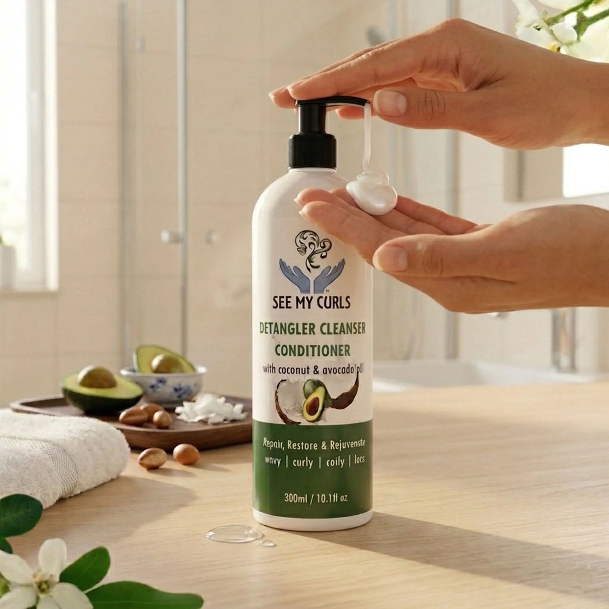 See My Curls Detangler Cleanser Conditioner being dispensed into a palm, showing a thick white cream texture with coconut and avocado ingredients in the background.