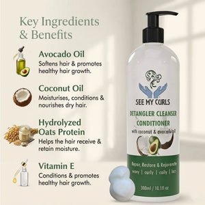 Key ingredients and benefits infographic for See My Curls Detangler Cleanser Conditioner. Lists Avocado Oil for growth, Coconut Oil for moisture, Hydrolyzed Oats Protein for hydration, and Vitamin E for healthy hair. 300ml bottle suitable for wavy, curly, coily, and locs hair.
