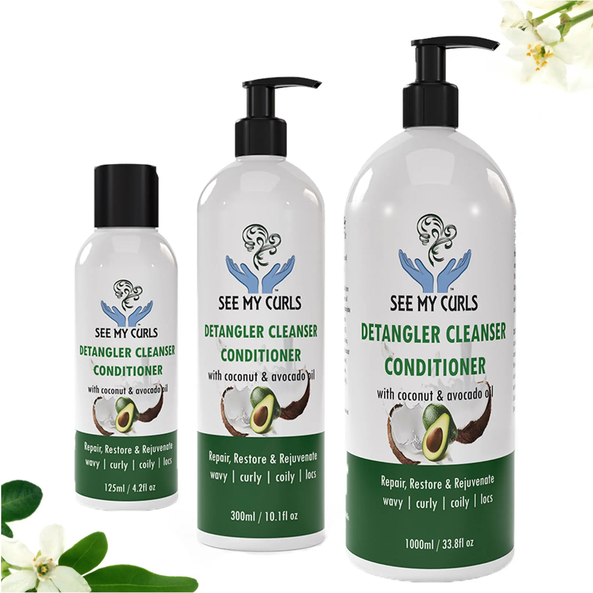 Size comparison of See My Curls Detangler Cleanser Conditioner available in 125ml travel size, 300ml standard size, and 1000ml bulk value size. Three white bottles with black caps and pumps on a white floral background.